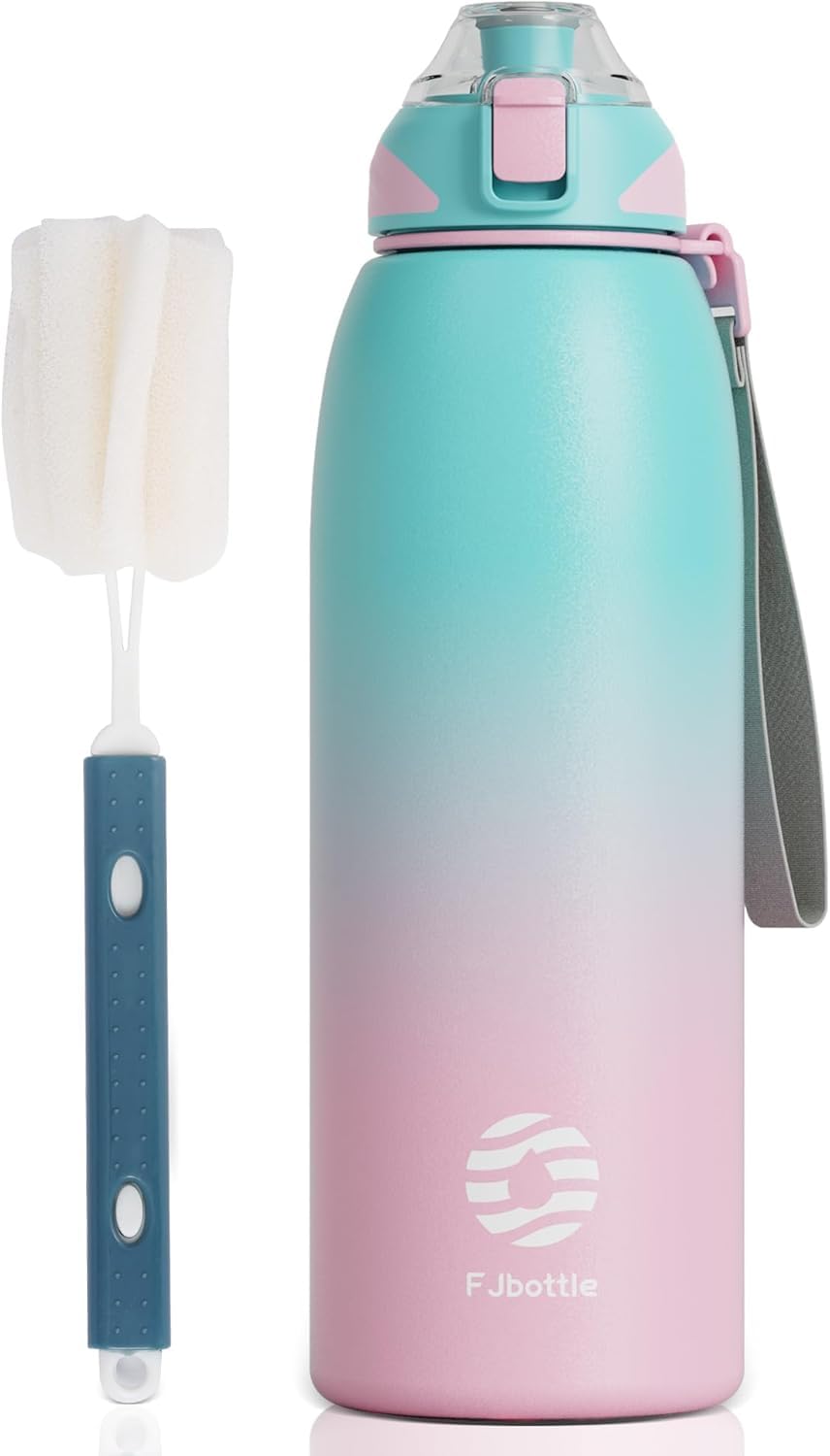 FJbottle 水筒 1 5リットル 真空断熱 ワンタッチ スポーツボトル 1500ml 5l 保温 保冷 スポーツ飲料対応 広口 洗いやすい ステンレスボトル 洗浄用スポンジ付き 女の子 男の子