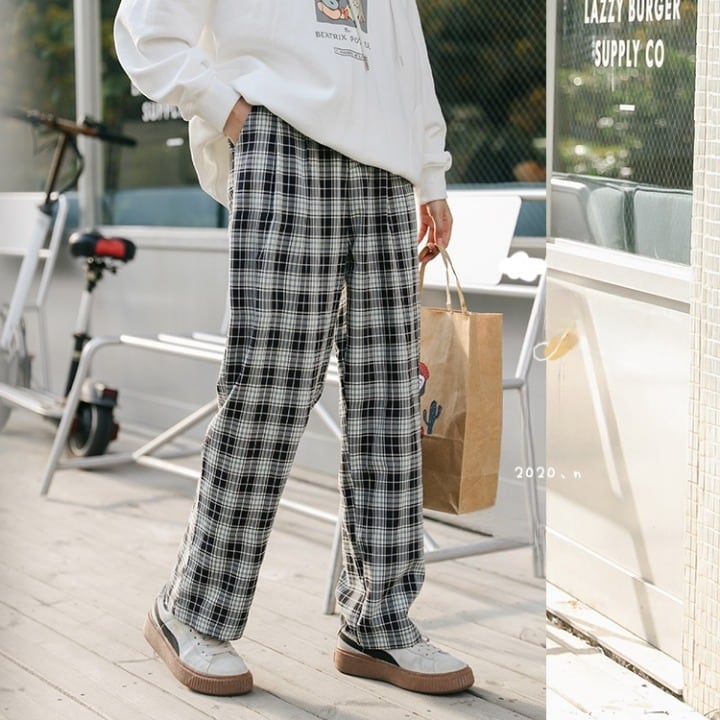 ラフパンツ ボトムス 長ズボン スラックス チェック バイカラー レトロ ワンタック フレアパンツ スリット ウエストゴム セミフレア パンツ ハイウエスト ストレッチ ストレッチ 美脚 lbot03