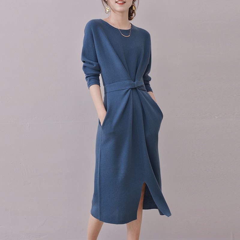 ニットワンピース 40代 オシャレ ニットワンピース ロング 秋冬長袖 ワンピース マーメイドスカート aライン ニットインナー 無地セーター ゆったり 上品-689