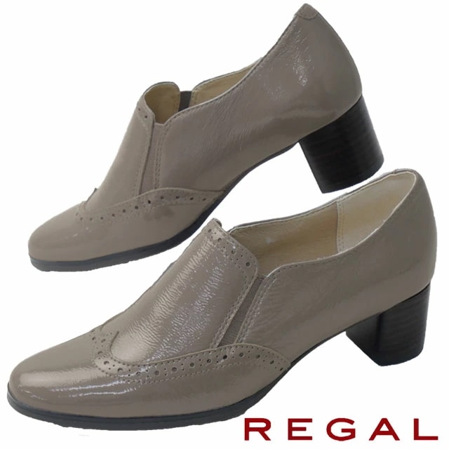 リーガル 甲深パンプス ラウンドトゥ レディース ヒールアップシューズ 太めヒール メダリオン レザーシューズ 靴 カジュアルシューズ 本革 F37Q オークエナメル