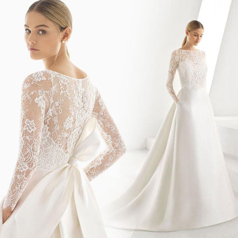 露出控えめ大人ウェディングドレス 袖あり着後レビュー特典大きなバックリボン 肌見せ具合がちょうどいい「透け感」のあるウェディングドレス aラインドレス ボートネック フィッシュテール 長袖 レース袖