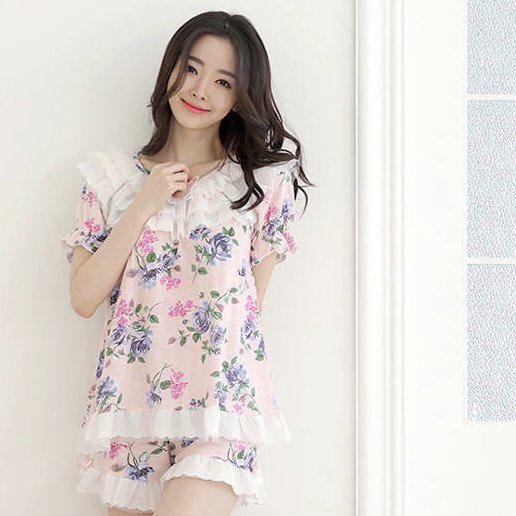 取寄パジャマ ルームウェア レディース 半袖 ショーパン かわいい 上下セット おしゃれ ラブリー 2点セット セットアップ ショートパンツ ふんわり ナイトウェア 寝間着 部屋着 室内着 レース フ