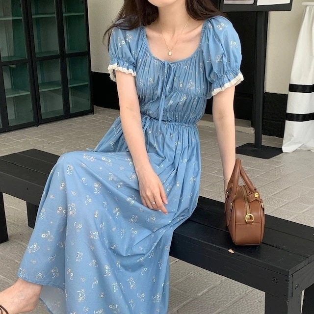2024春夏ワンピース ロング丈 Aライン 半袖 バブル袖 スクエアネック 花柄 ゆったり 夏 青 ブルー おしゃれ かわいい ガーリー キュート 甘め 韓国ファッション レディース お出かけ安い