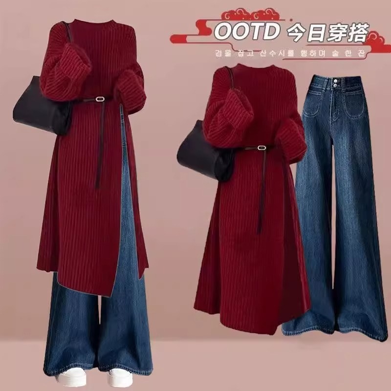 復古の女性の服のスーツの新型の大きいサイズを減らして齢の春の長い金の西洋の気の赤いセーター幅のジーンズの2点セット