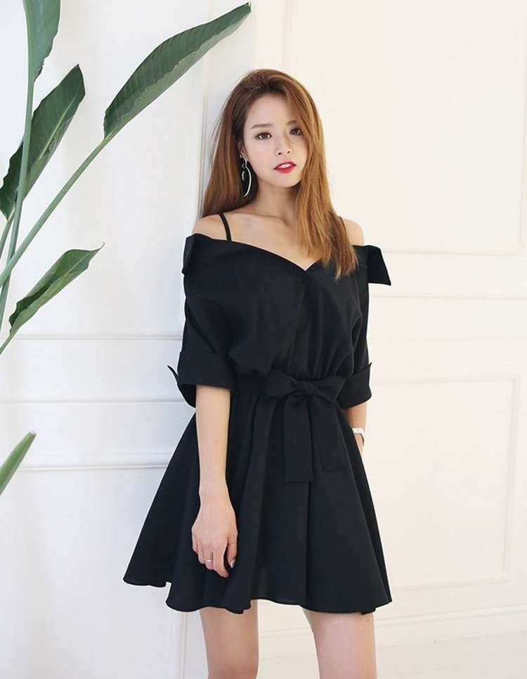 1481.オフショルダーウエストリボンドレス（ブラック）2019 春夏 sale 大きいサイズ パーティー お呼ばれ 女子会 ディナー ランチ