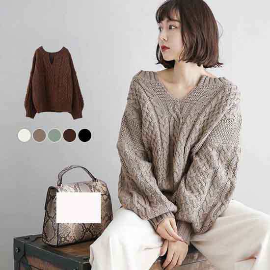 新作 キーネック ニット ケーブル編み セーター プルオーバー レディース 長袖 Vネック 6,325円