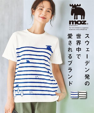 Tシャツカットソー ｍｏｚ（モズ）パネルボーダープリントTシャツ（綿１００％） ブルー系 黒系