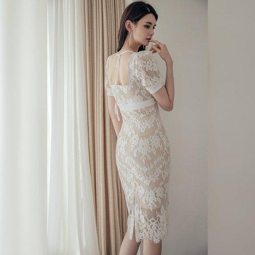 キャバドレス ナイトドレス ミディアムドレス ハイウエスト ワンピース 半袖 ビジュー 総レース レディース グラシア