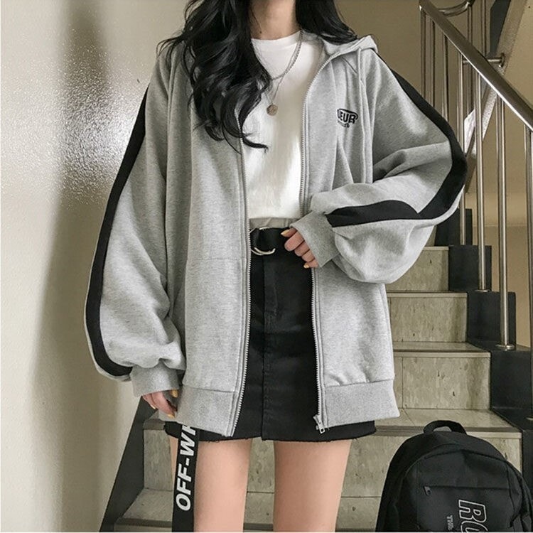 パーカー トップス 上着 灰色 グレー ミディアム丈 長袖 ワイド フード付き ファスナー ポケット