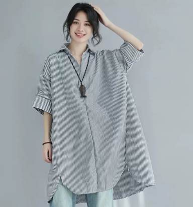 トップス シャツ チュニック 膝上 袖あり 五分袖 Vネック 襟付き Aライン きれいめ シンプル カジュアル 大人 ラフ 抜け感 ストライプ 春 夏 誕生日 20代 40代 レディース 女性