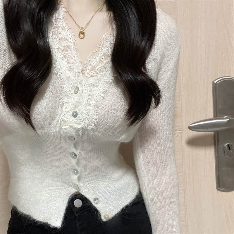 クーポン有トップス ニット セーター カーディガン 春 秋 冬 長袖 Vネック ハイネック スリム タイト 細身 アイラッシュレース ブラック ホワイト アプリコット S M L XL LL 学校 バ