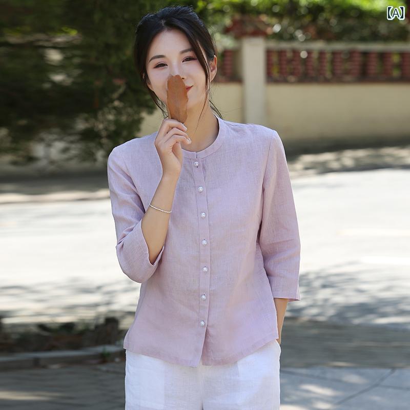 レディース　　Tシャツ　 100 リネンシャツ レディース 2025 夏 トップス新 ラウンドネック コットン リネン シャツ