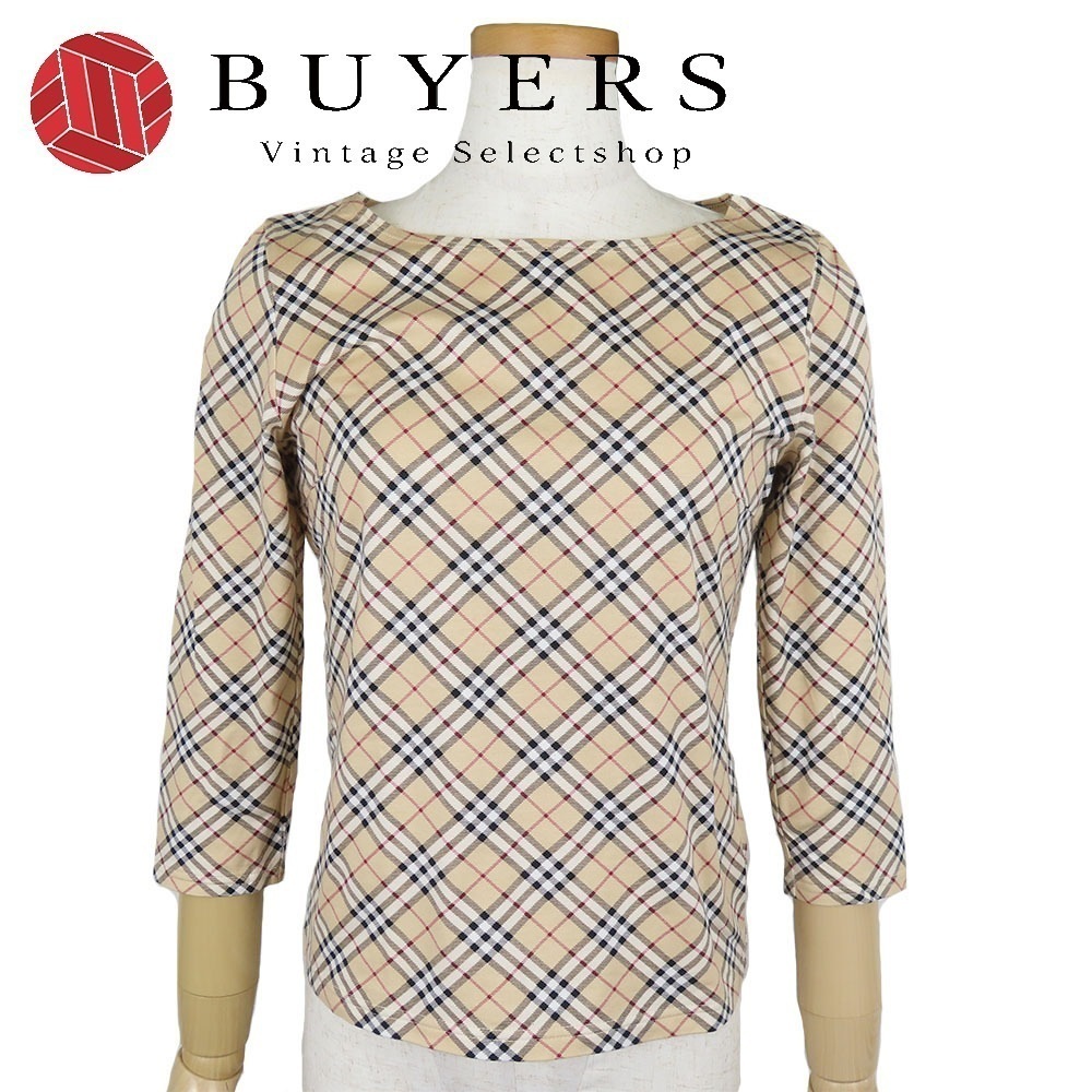 中古 カットソー 1 コットン ポリウレタン ベージュ ノバチェック 七分袖 アパレル レディース 女性