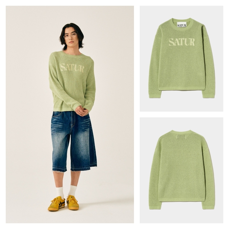 【SATUR】 LOGO EMBROIDERY CREW NECK KNIT : JADE MINT