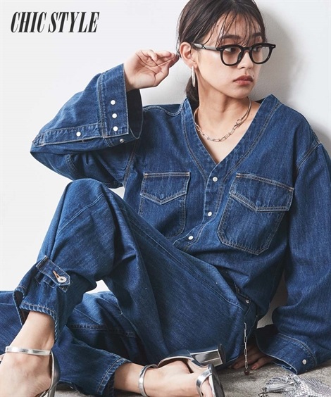 シャツ・ブラウス 大きいサイズ 綿100％ワイドスリーブVネックデニムシャツ シックスタイル