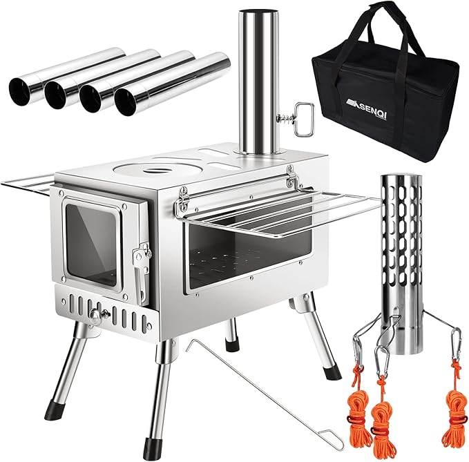 折りたたみ キャンプ 耐熱ガラス・煙突・スパークアレスター・グリッド棚付き コンパクト アウトドア ウッドストーブ テント用 焚き火台 BBQ 調理 暖炉 冬 収納袋付き