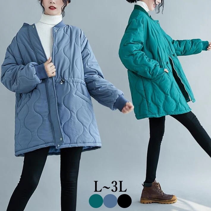 コート　アウター　ジャケット　ノーカラー　中綿コート　綿入れ　レディース ロングコート　ロング　ミディアム　カジュアル　ウエスト紐　軽い 暖かい 　ゆったり　大きいサイズ　秋冬 L　2L　3L今日は3