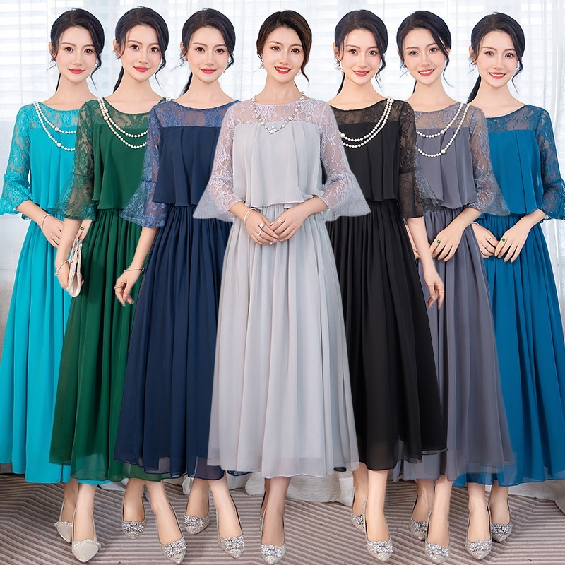 【1つ買うと10つ無料】ガウン長いのダンスドレスを見せて薄いパーティーのホストシフォンドレストランペットミッドスリーブ