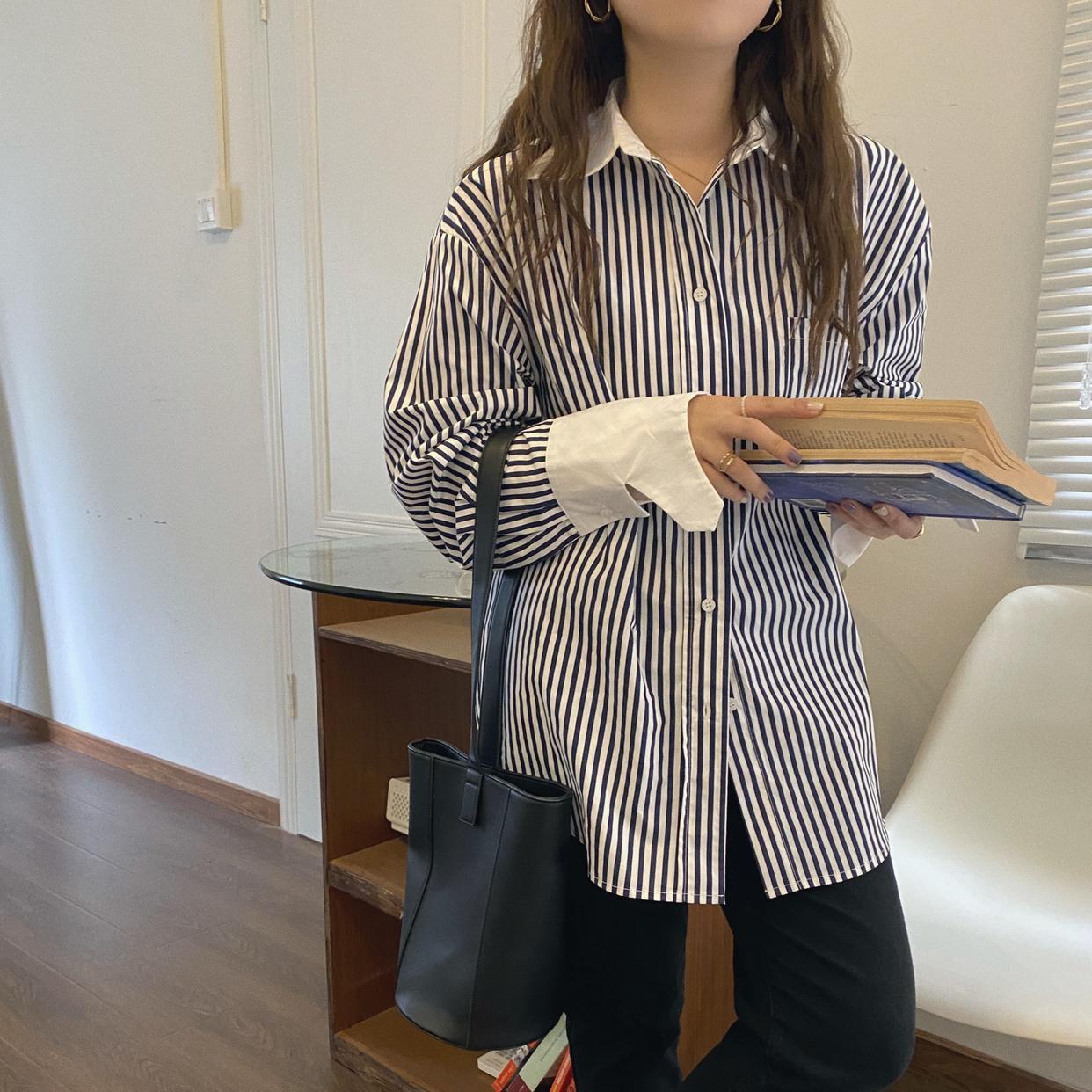 【送料無料】レディース 2カラー シャツ ストライプ バイカラー 長袖 オーバーサイズ