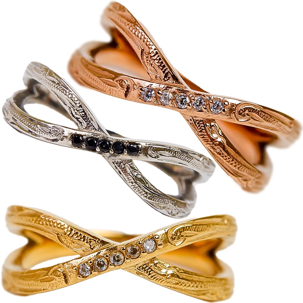 ハワイアンジュエリー リング ステンレス 指輪 レディース メンズ つけっぱなし 金属アレルギー対応 シルバー イエローゴールド ピンクゴールド サージカル ステンレス 2連風 クロス 石 ジルコニア