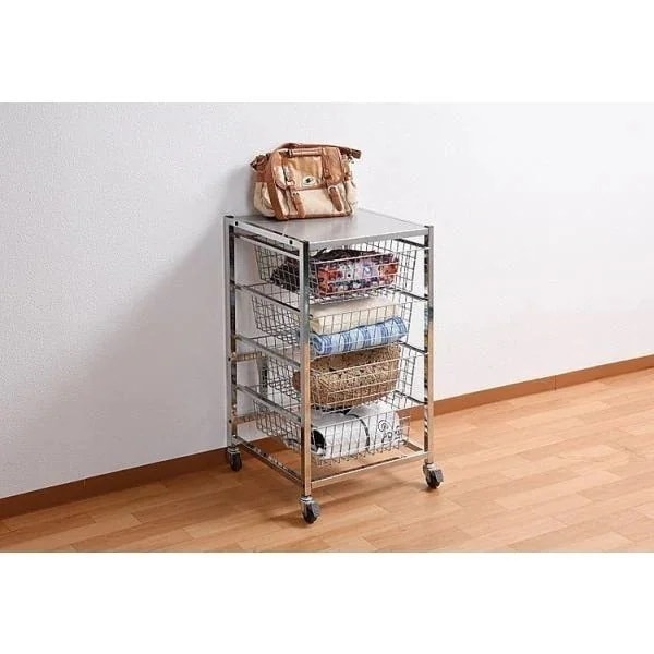 ラック 棚 キャスター ワゴン おしゃれ スチールラック 引き出し ストッカー バスケット かご クロムメッキ 省スペース 4段