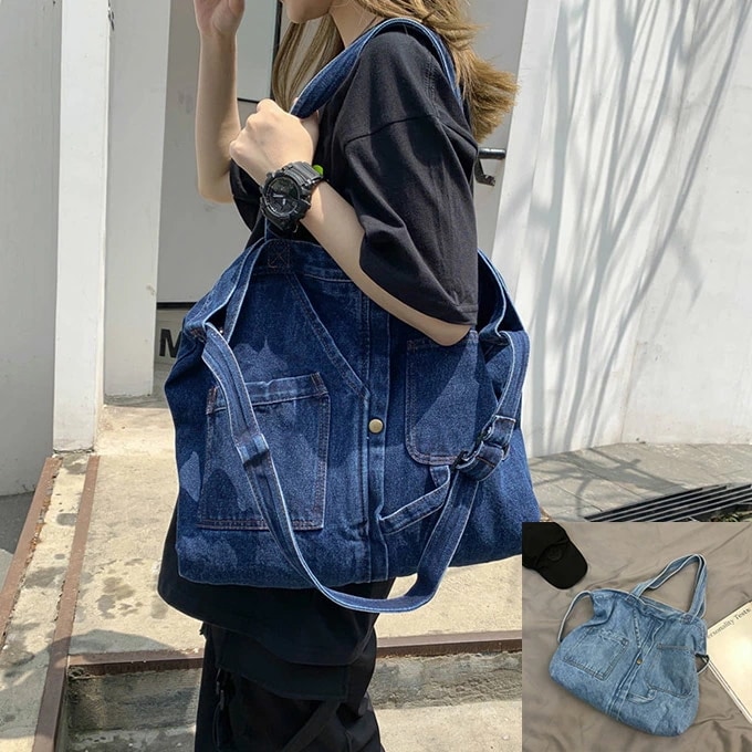 デニム 大容量 ショルダーバッグ トートバッグ メンズレディース 男女兼用 インディゴ マイバッグ ランチバック ショルダー