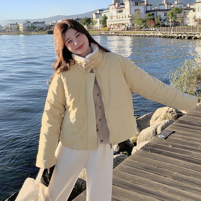 韓国ファッション 甘美な小柄子羊の毛の翻えりダウンジャケット2024新型洋風減齢保温白アヒルの毛のコート