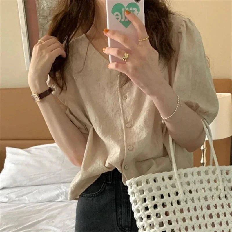 綿麻　シャツ　薄　作　デザイン感　vネック　tシャツ　トップスブラウス