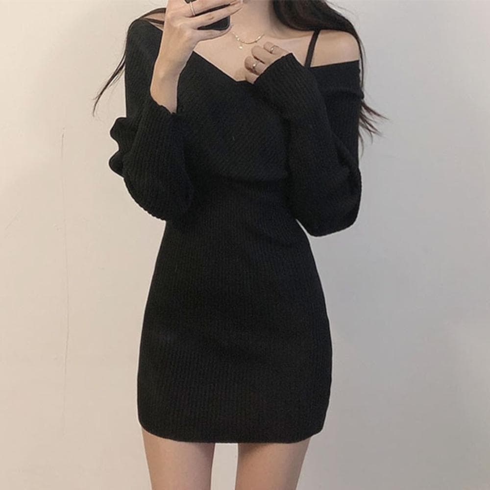 韓国デザイン秋服カシュクールネックミニワンピース