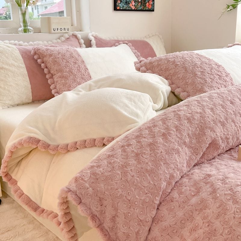 冬用増粘ミルクベルベット4点セットウサギぬいぐるみ両面ベルベットあったか掛け布団カバーシーツボックスシーツ寝具