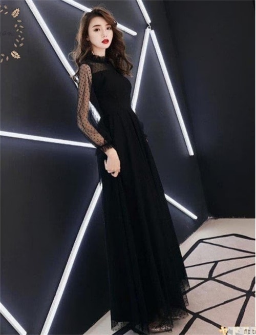 黒ロングドレス ハイネック お呼ばれ ドレス パーティードレス 着痩せ 成人式 演奏会 卒業式