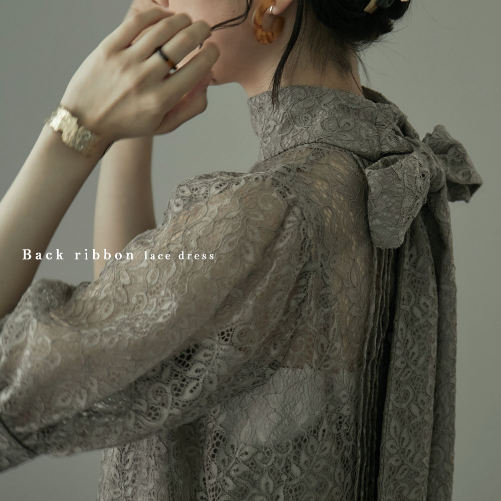 【即納】インナー付きバックリボンレースドレス ドレス ワンピース ワンピ オケージョン オケワンピ レース 五分袖 結婚式 二次会 パーティー 重ね着 レイヤード セット 透け感 ピンタック リボン