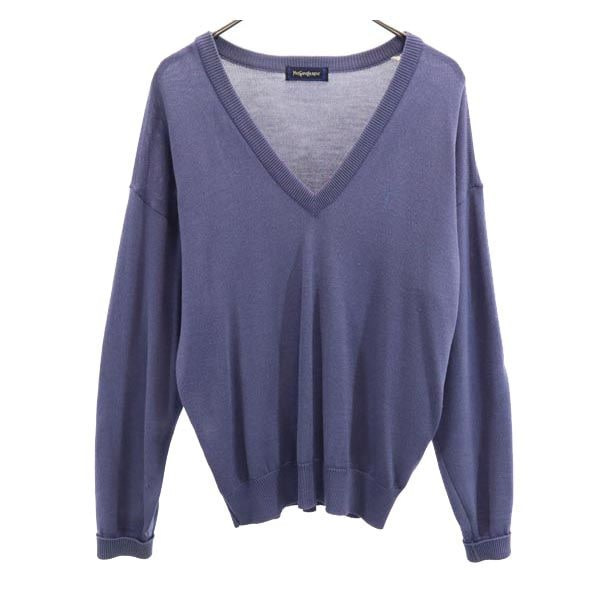 90s ウール100％ オールド 長袖 Vネック ニット M ブルー系 セーター ロゴ刺繍 メンズ