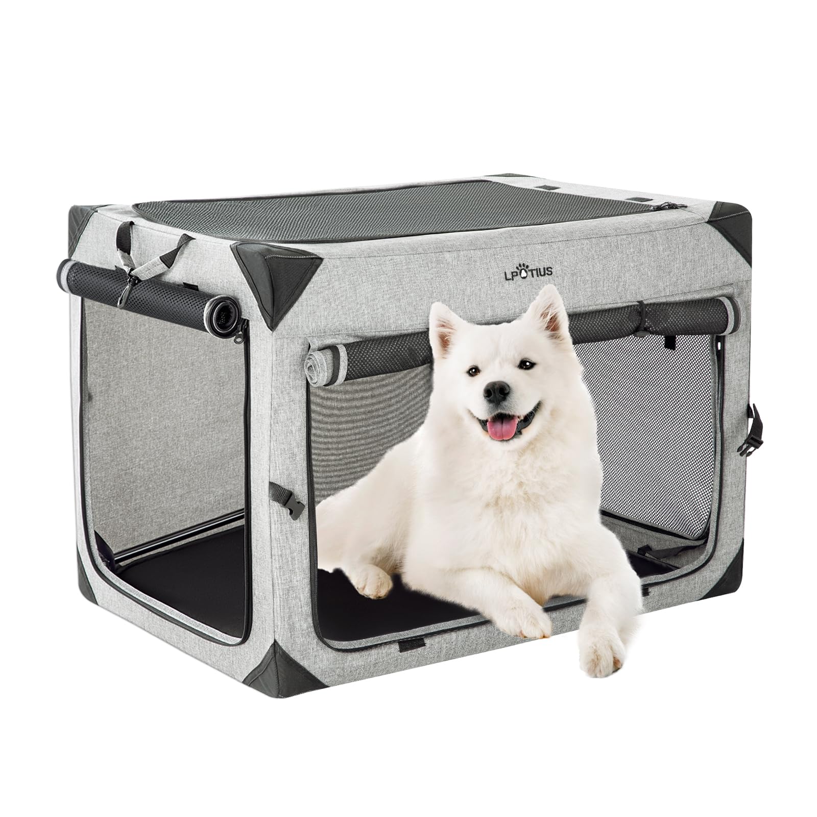 LPOTIUS 折り畳み式 ペット クレート 中型犬 大型犬 猫犬兼用 ペットキャリー 多頭対応 犬用ソフトケージ 4面通気 安定性 折りたたみ簡単 ポータブル ペットケージ カバーが取り外せる 丸洗
