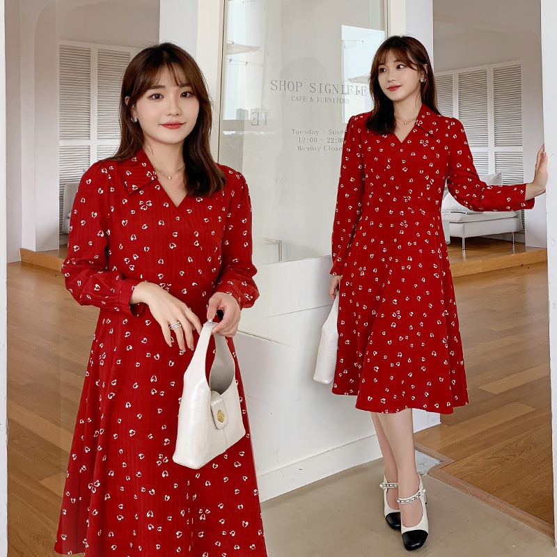 6L 4L 韓国ファッション ワンピース 秋冬 大きいサイズ マタニティ 体型カバー ゆったり 通勤 着痩せ 30代 40代 50代 60代大きいサイズのユニークなワンピース早秋気質減齢長袖砕花スカ