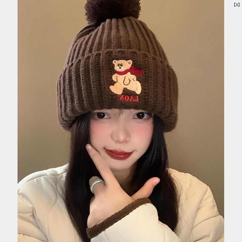 レディースファッション　ファッション小物　オシャレ 冬 かわいい クマ 刺繍入り ニット 帽 韓国 小型 暖かい ウール 帽子 ブラウン 耳保護