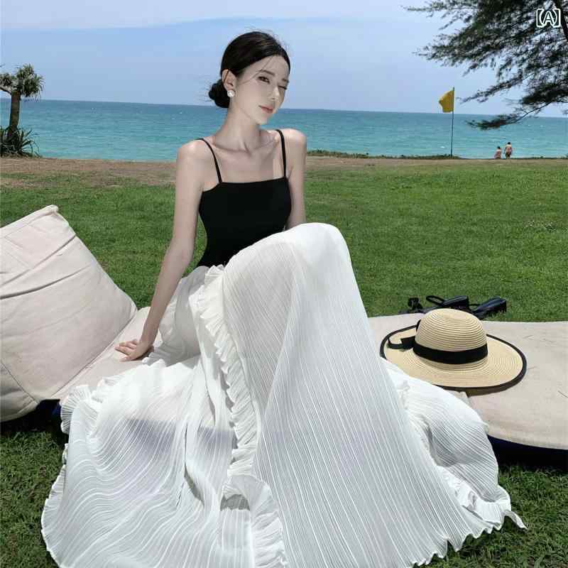 ワンピース リゾート レディース フランス レトロ 黒 白 ロング スカート 厚手 プリーツ フリル チューブ トップ サスペンダー スカート 夏ドレス