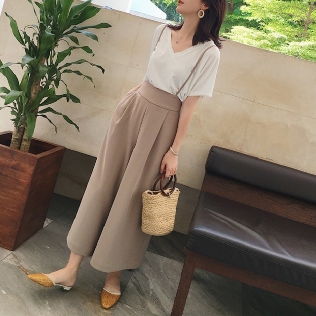 おすすめのお品 ボトムス パンツ ワイドレッグパンツ ストリートパンツ ハイウェスト 黒 カーキ サスペンダー fh0299