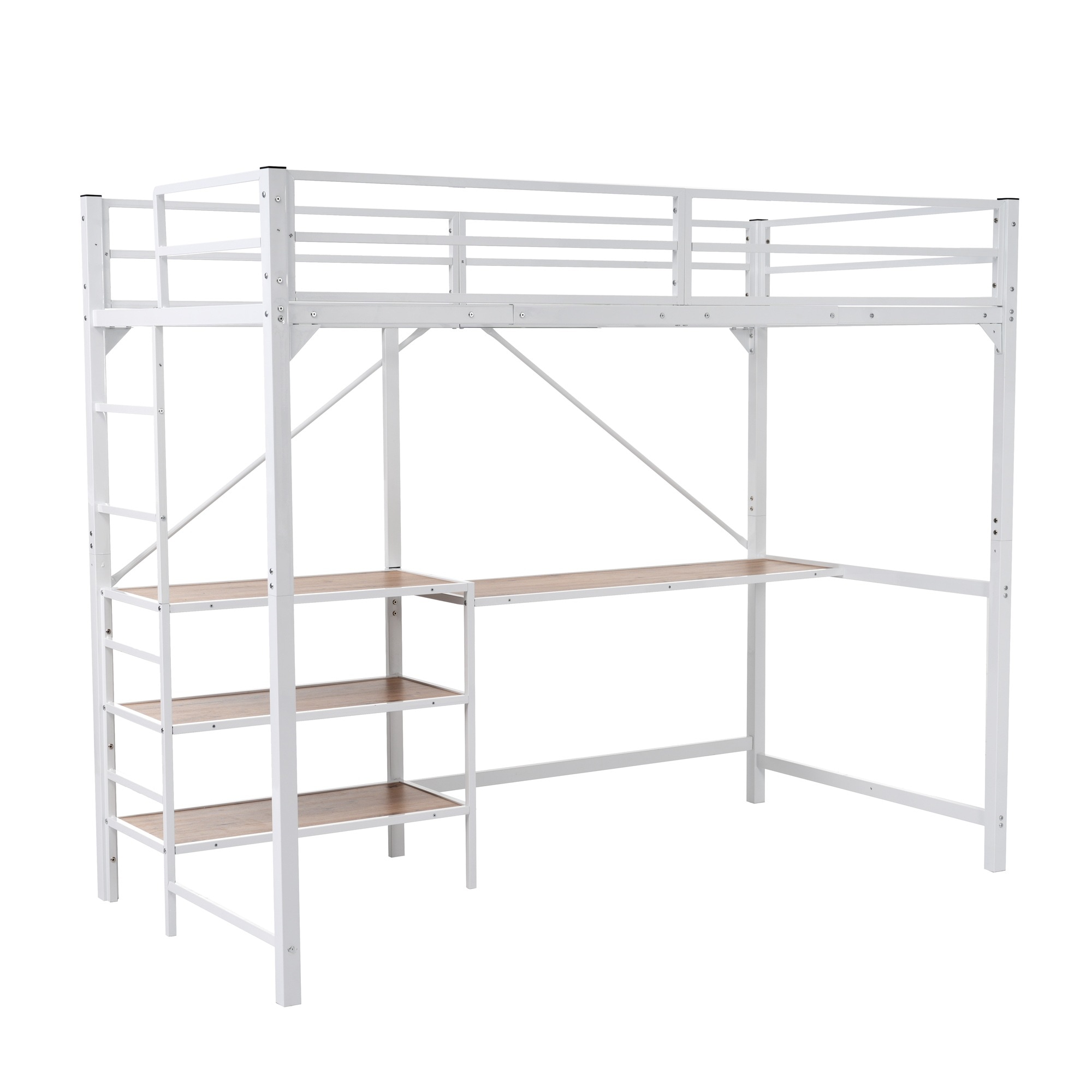 【2点購入で150OFF】新作 ホワイト　　ロフトベッド パイプベッド デスク付き ラック棚付き シングルベッド ロータイプ ロータイプ 木 収納 北欧風 おしゃれ 子供部屋 スチール