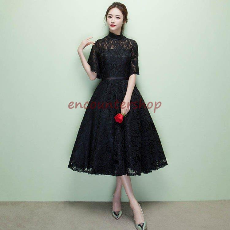 5色！総レース仕様フレアーワンピースドレス ワンピース 入園式 ワンピ　結婚式 二次会 入学式 大人 上品 卒業式 OL ロング丈 ひざ下 5分袖 春 夏 秋 冬