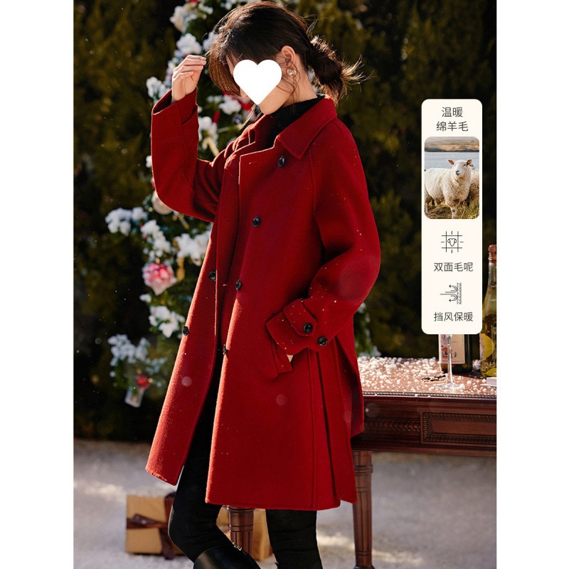 新作冬物レディースシンプルダブルフェイスウールコート（ベルト付き）です