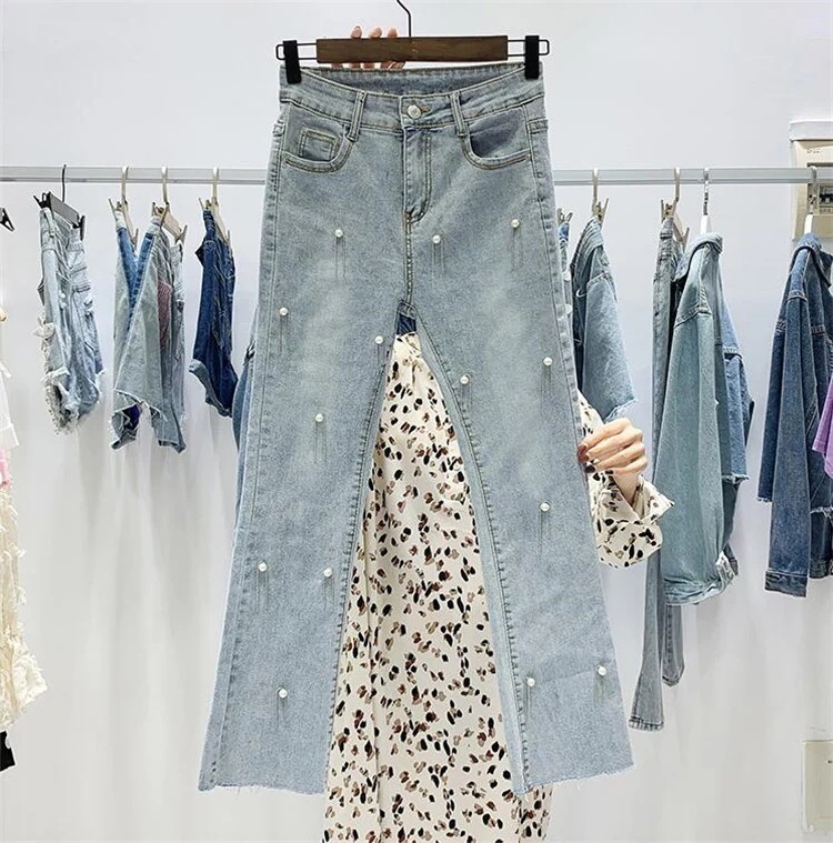 大人気！ 韓国ファッション通販業界1位春新 ファッション パール装飾 イレギュラー フリンジパンツ ジーンズ 女性 デニム ジーンズ