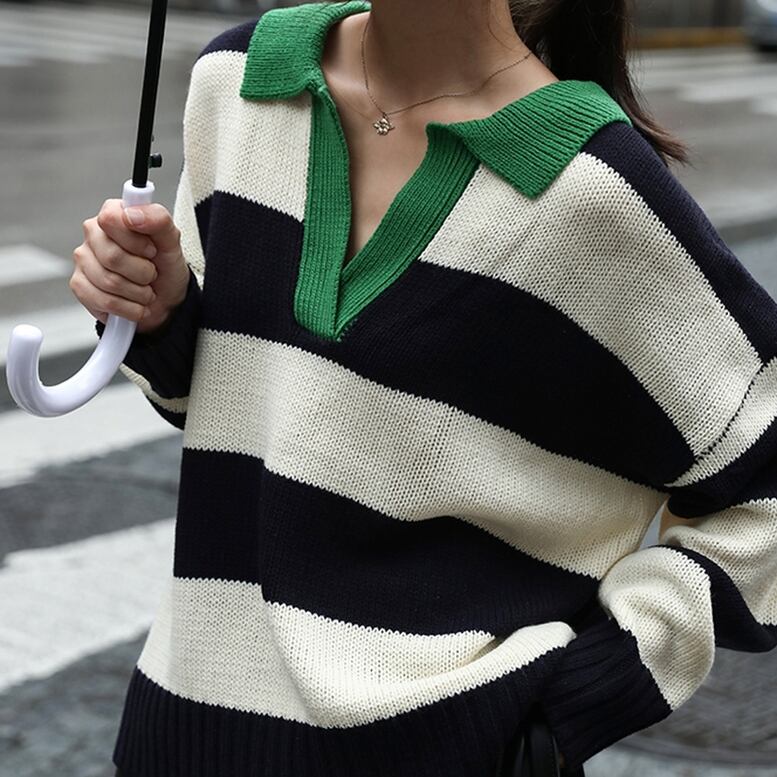 2color レディース ビッグポロニット 配色セーター カットソー ニット ポロシャツ