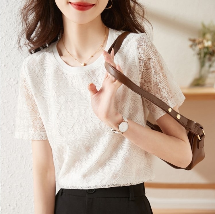 花柄トップス 花柄レーストップス プルオーバートップス 半袖カジュアルシャツ トップス Tシャツ シャツ プルオーバー 白シャツ 白トップス 袖あり 半袖 5分袖 五分袖 Uネック ラウンドネック