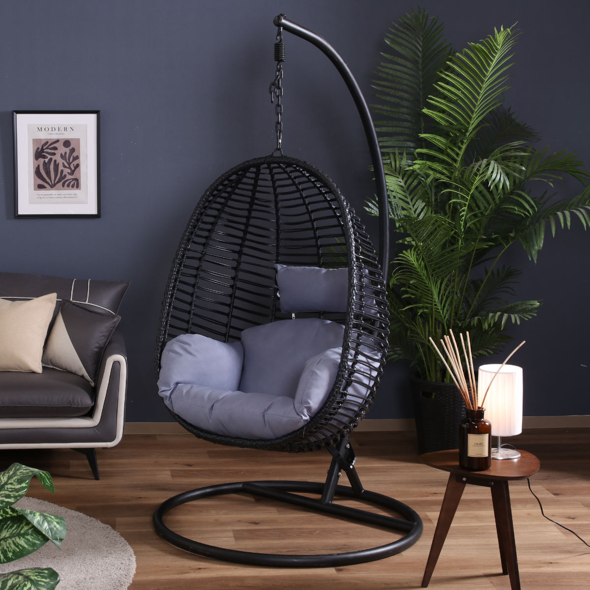 ハンギングチェア たまご型 クッション付 ガーデンファニチャー パーソナルチェア ハンモックチェア カゴ幅80cm 一人がけ ラタン調 イス チェア エッグソファー 自立式 リゾート おしゃれ