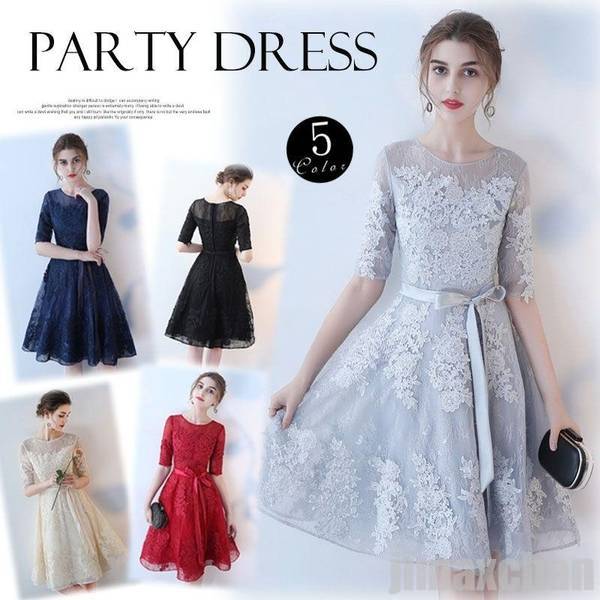 パーティードレス 膝丈 結婚式 お呼ばれドレス ワンピース 二次会 袖あり 透け感レース 魅力 同窓会 フォーマル 披露宴 卒業式 グレー ネイビー ブラック シャンペン ワイン 11,038円