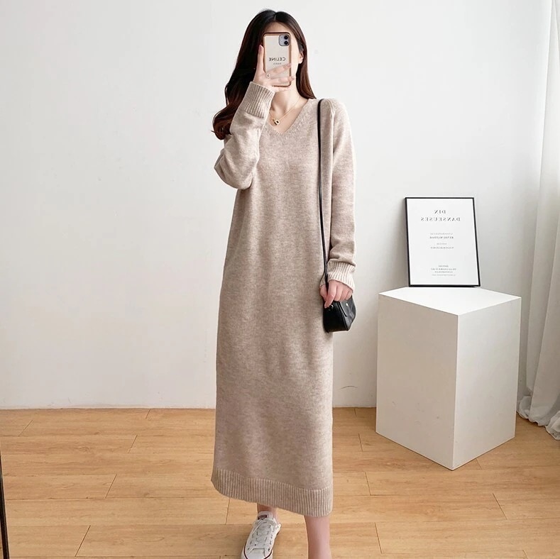 ワンピース ワンピドレス ニットワンピース 膝下 ロング丈 袖あり 長袖 Vネック ストレート リブ ニット かわいい 大人可愛い きれいめ シンプル 大人 上品 おしゃれ かっこいい 大人女子