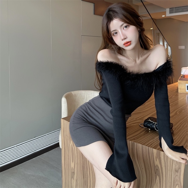 トップス ニットソー プルオーバー レギュラー丈 長袖 オフショルダー ワンショルダー スリム ニット 大人可愛い 大人 お洒落 大人女子 キュート 個性的 クール セクシー とろみ感 甘い 無地 秋