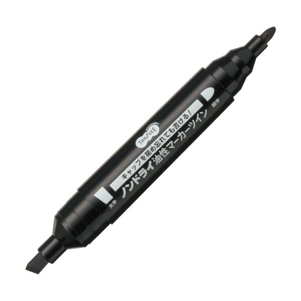 (まとめ) TANOSEEキャップ式ノンドライ油性マーカー ツイン 太字+細字 黒 1セット(10本) (×5セット)