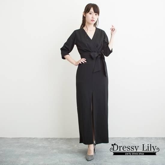 【2025新作SALE】パーティードレス ワンピース 20代 30代 40代 韓国 袖あり ロング マキシ丈 結婚式 7分袖 黒 Vネック ウエストリボン スリット 二次会 およばれ